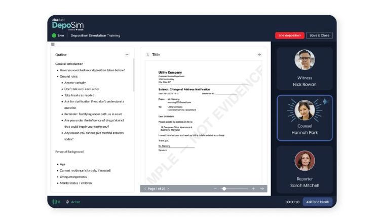 Screenshot of DepoSim litigation training platform by Verbit and AltaClaro