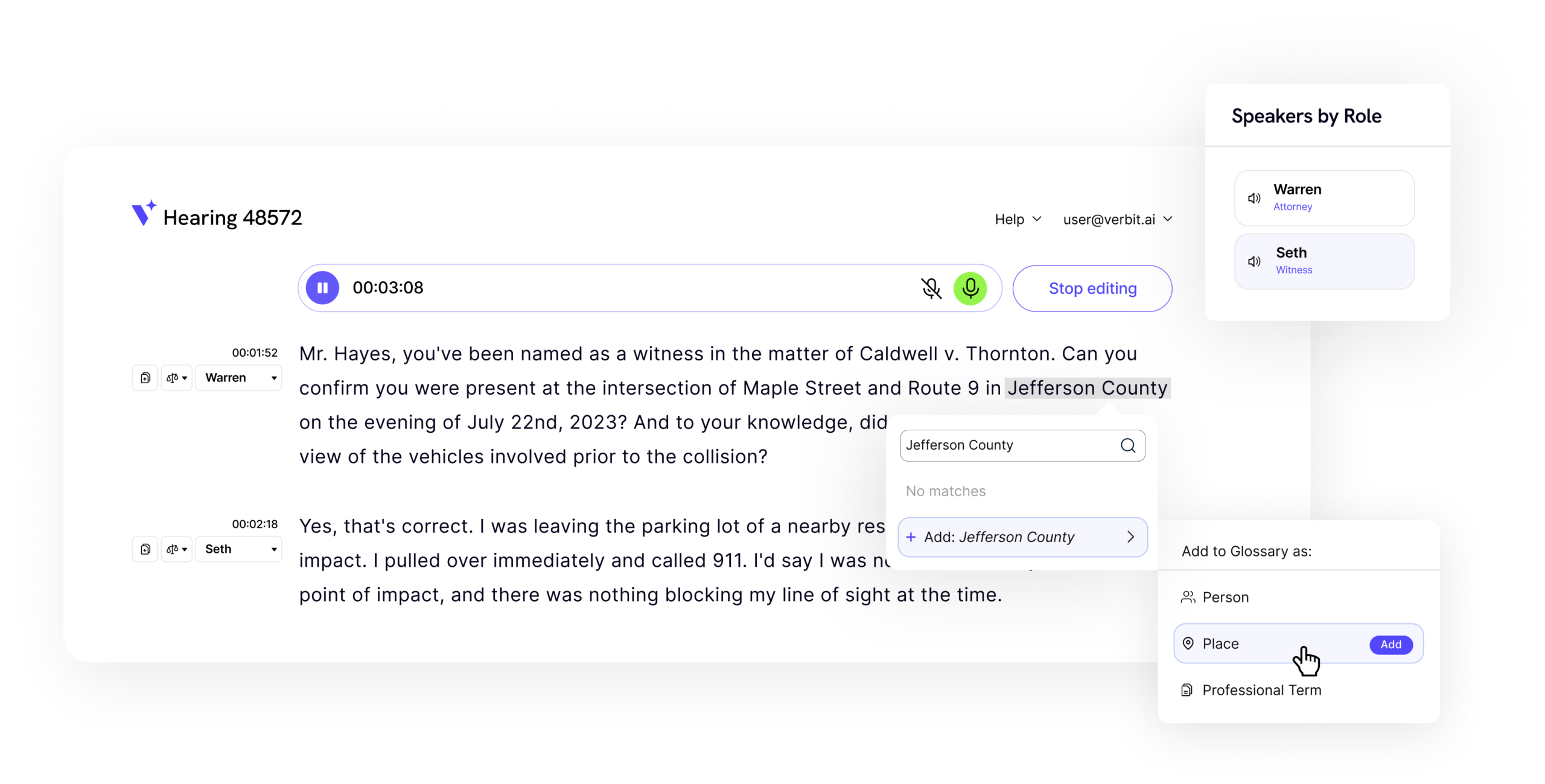 Verbit Legal Capture editing features for courts and reporting agencies
