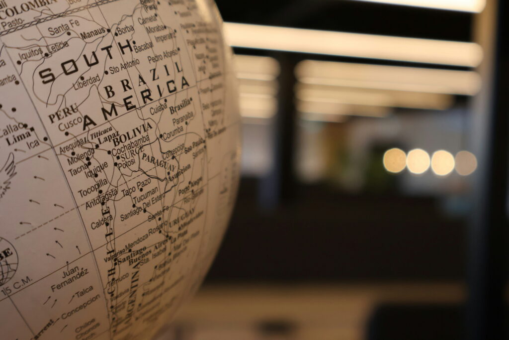 Close-up of a globe focusing on South America, symbolizing international business growth, cross-border trade, and regional expansion.