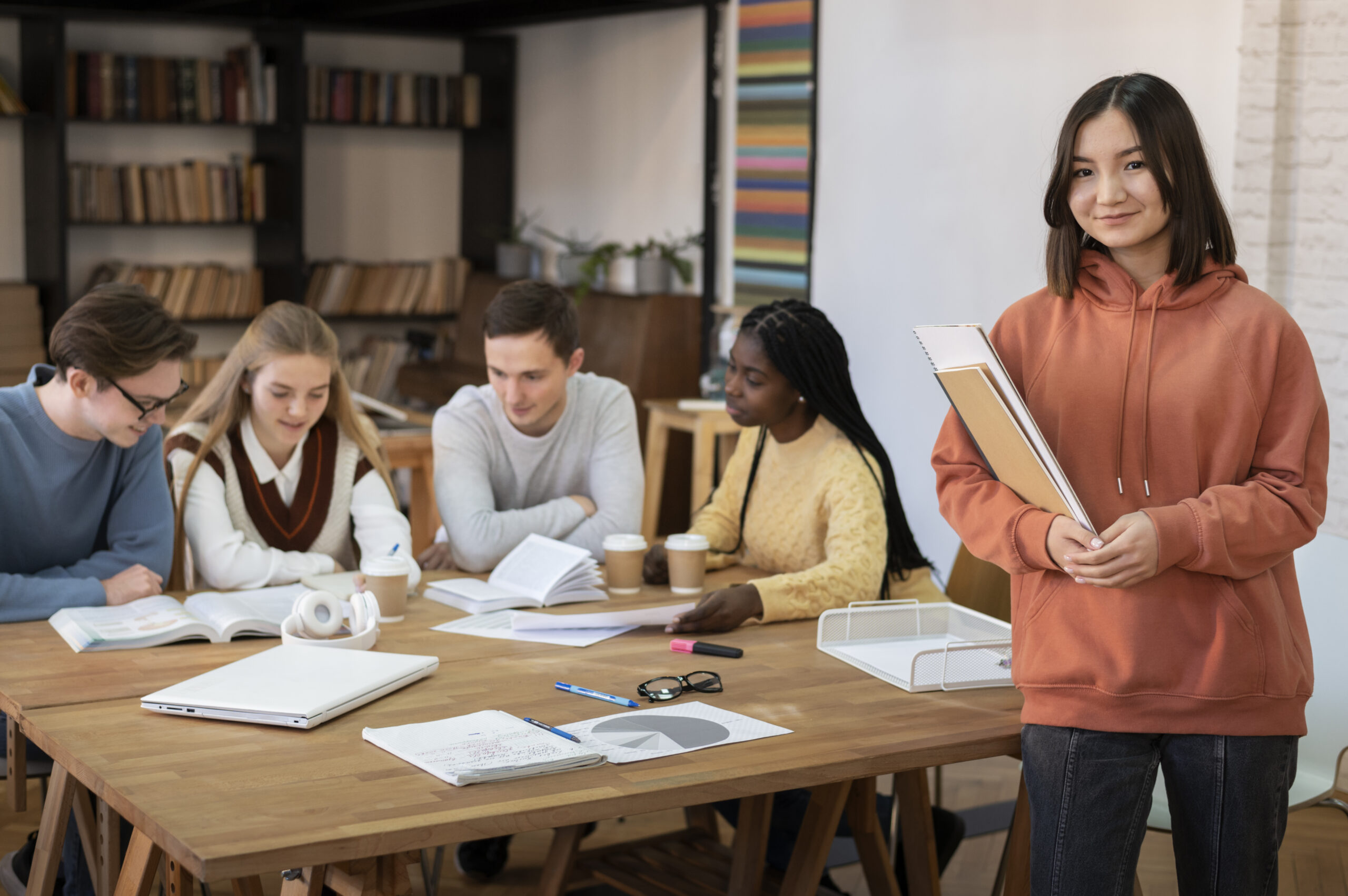 A young woman wearing an orange hoodie and holding notebooks stands smiling in the foreground, while her peers study together around a wooden library table in the background.