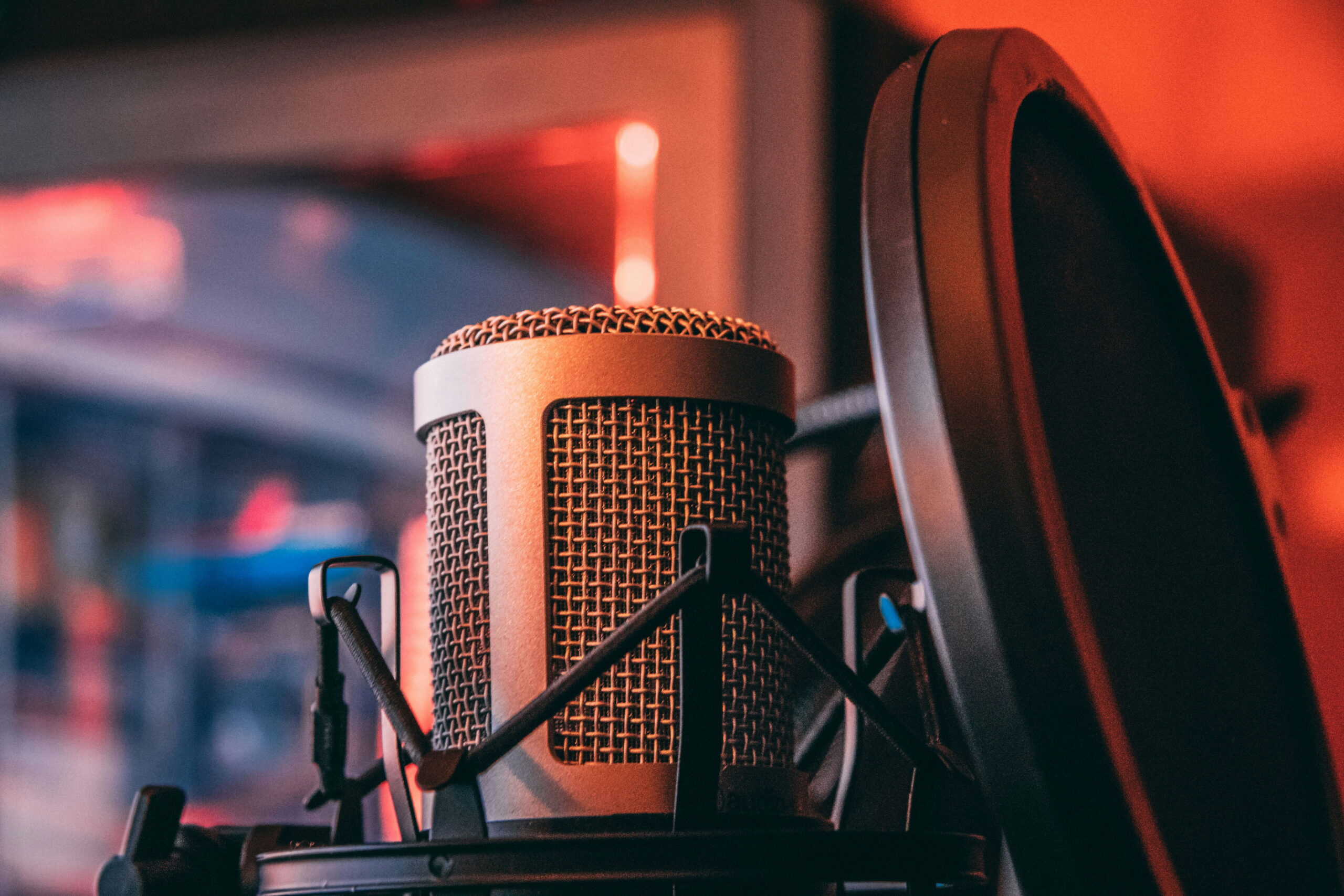 A close-up of a professional studio condenser microphone mounted in a shock absorber with a black pop filter next to it.