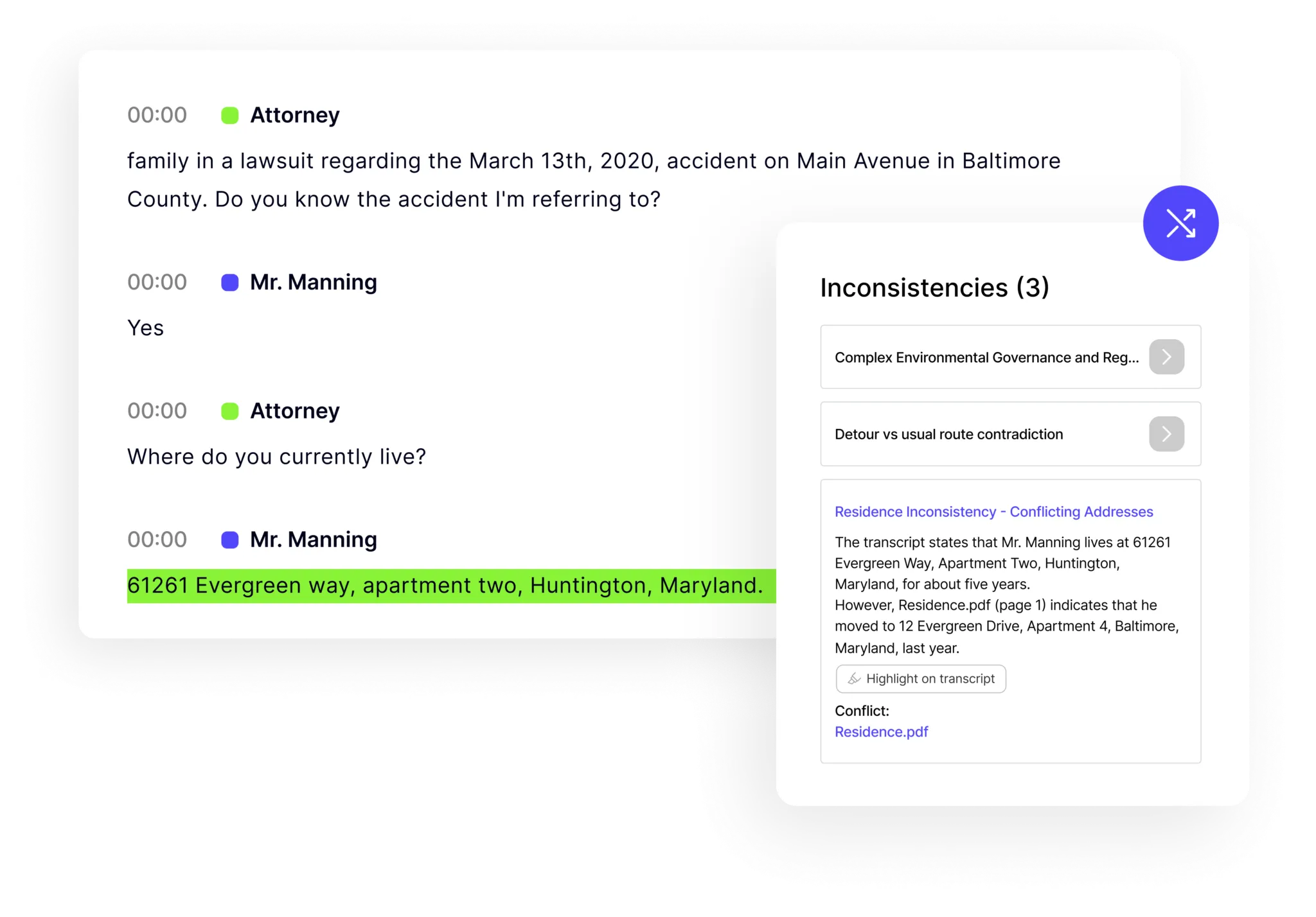webp: A software interface showing a deposition transcript between an attorney and Mr. Manning, with a side panel highlighting three inconsistencies and detailing a conflicting address found in Residence.pdf.