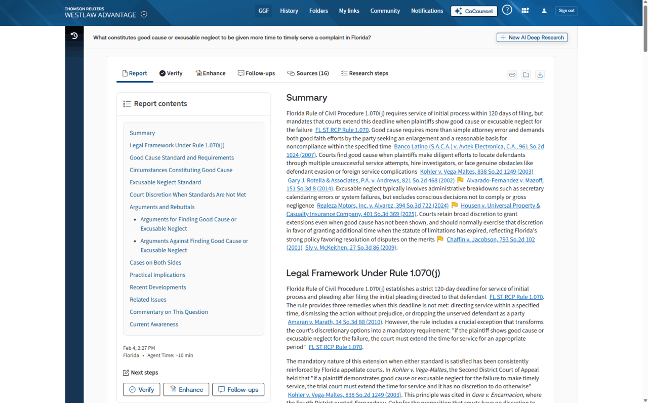 A screenshot of Thomson Reuters Westlaw Advantage featuring a legal research report on "good cause or excusable neglect" to serve a complaint in Florida, complete with a table of contents, statutory references, case citations, and navigation tabs.