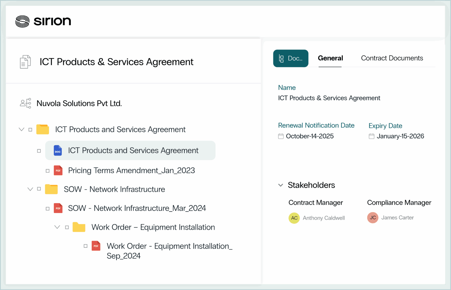 Sirion contract management software dashboard displaying the "ICT Products & Services Agreement" with a file structure on the left and general contract details on the right.