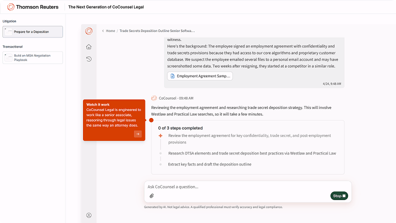Thomson Reuters CoCounsel Legal interface displaying a trade secrets deposition outline prompt and a step-by-step progress tracker for legal research.