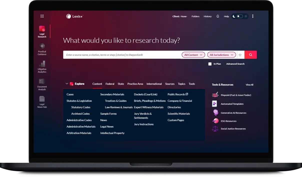 The Lexis+ dashboard interface on a laptop screen, featuring a prominent search bar with options for content and jurisdictions, along with a menu of legal research tools.