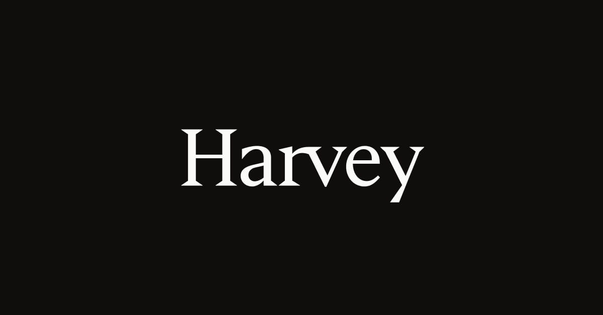 A black screen featuring the word "Harvey" in a white serif typeface.