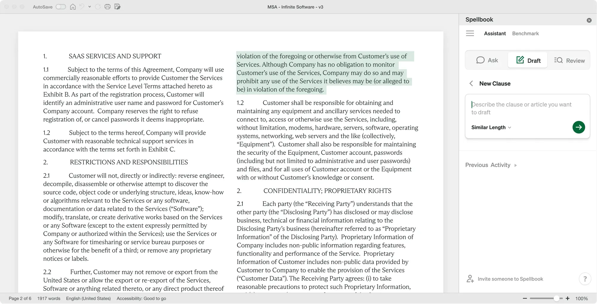 A Microsoft Word document of an MSA with a highlighted clause, alongside the Spellbook AI assistant sidebar open to the Draft tab.