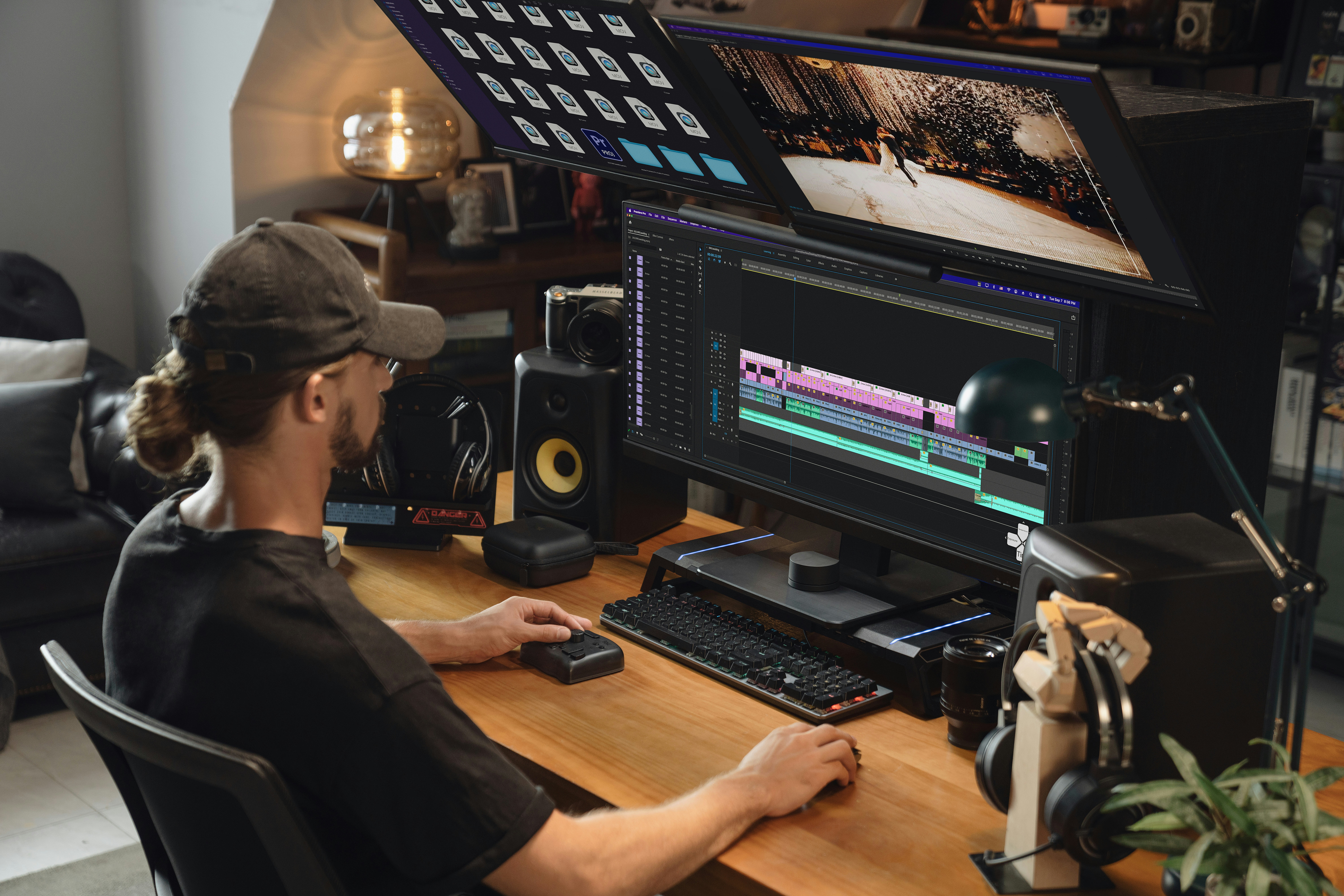 A video editor wearing a cap sits at a wooden desk facing a complex multi-monitor computer setup displaying editing timelines, media files, and footage.