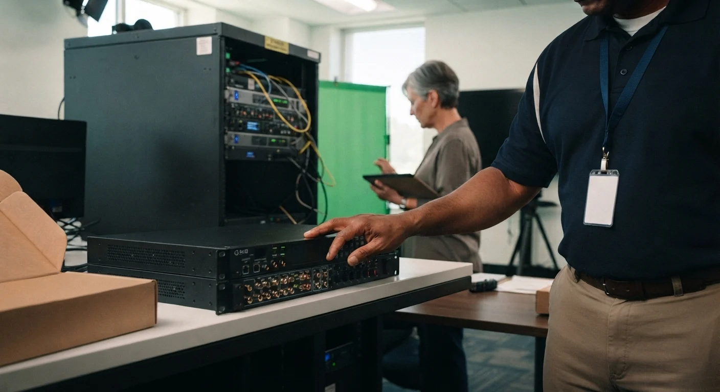 Man's hand on AV unit, wearing polo and lanyard. Background: Woman with tablet, facing green screen and server rack. Office control room.