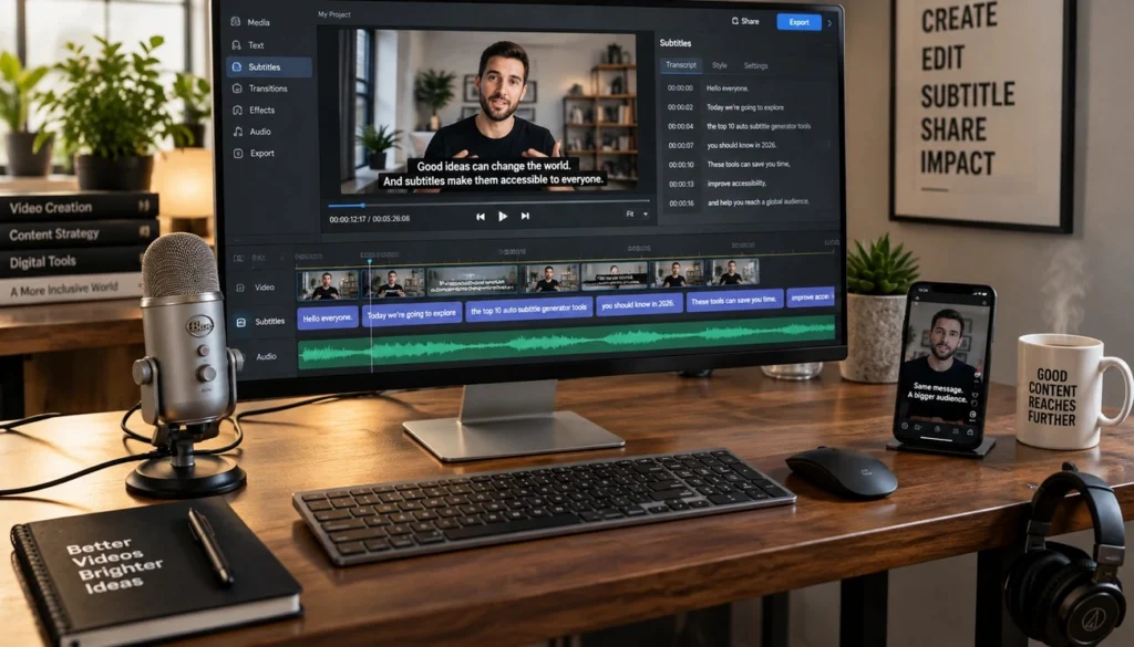 A modern content creator's desk setup featuring a computer monitor displaying video editing software with subtitles, a desktop microphone, a smartphone showing a video preview, a keyboard, mouse, headphones, and a mug that says "Good content reaches further."