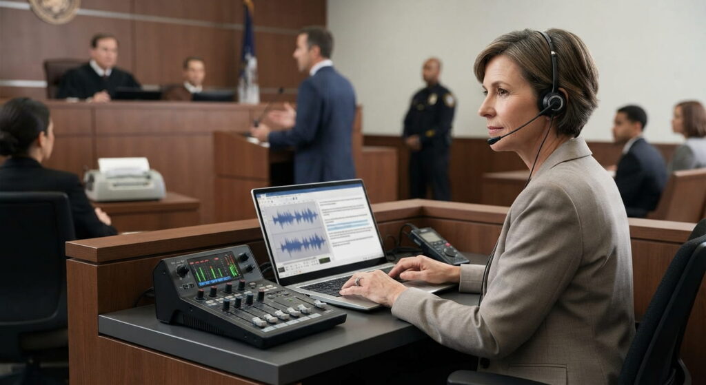 A digital court reporter wearing a headset at a courtroom workstation, using an audio mixing board and a laptop displaying waveforms.