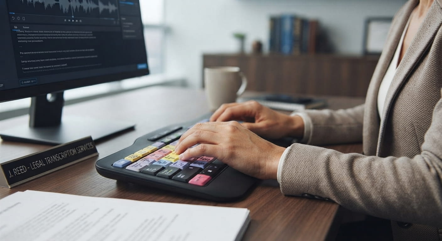 Close-up of a person typing on a specialized color-coded keyboard at a desk, with a monitor displaying an audio waveform and text, a nameplate reading "J. Reed - Legal Transcription Services," and printed papers.