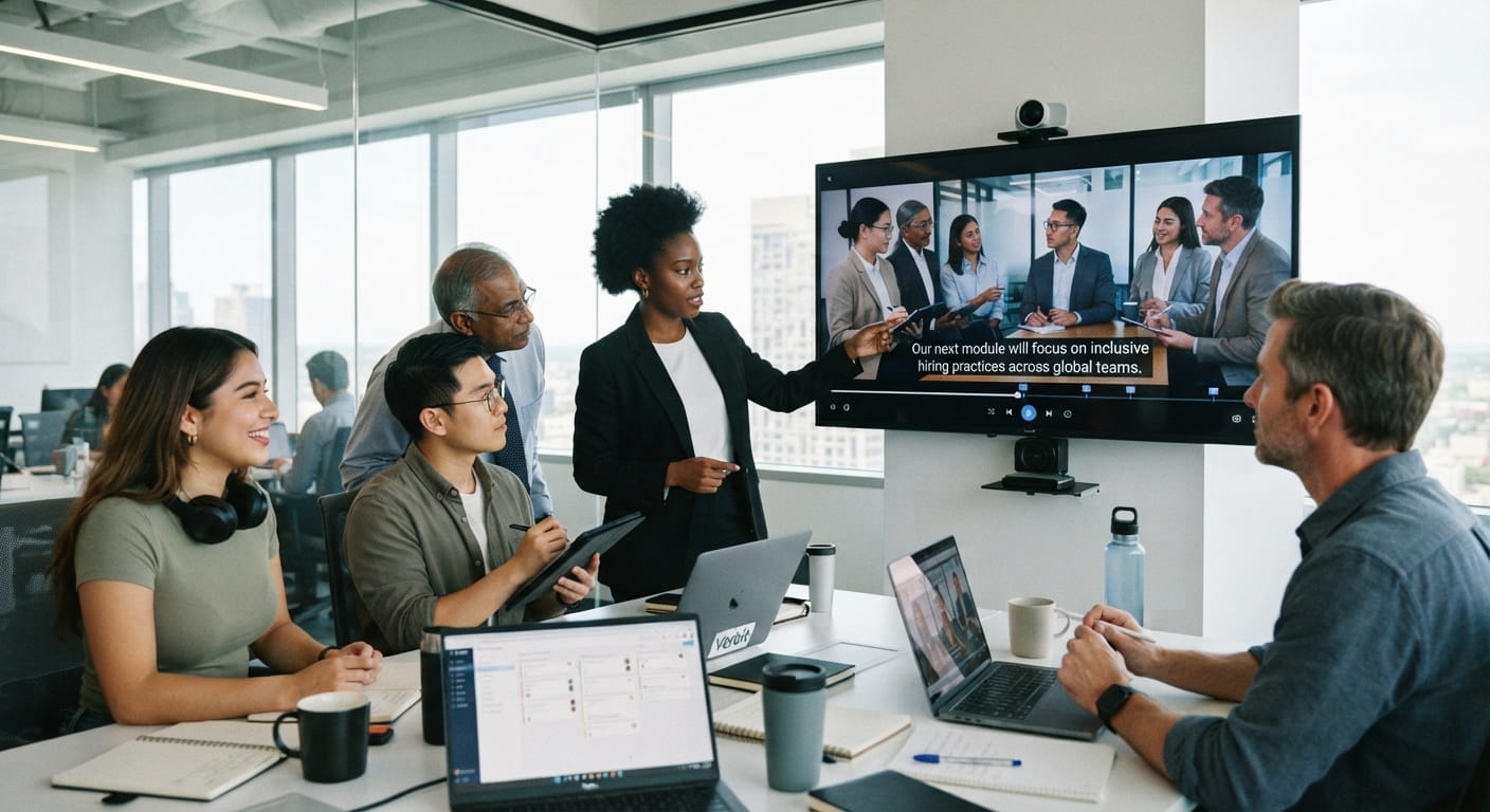 A diverse team of professionals in a bright modern boardroom reviewing a video presentation on a large screen featuring clear captions about inclusive hiring practices.