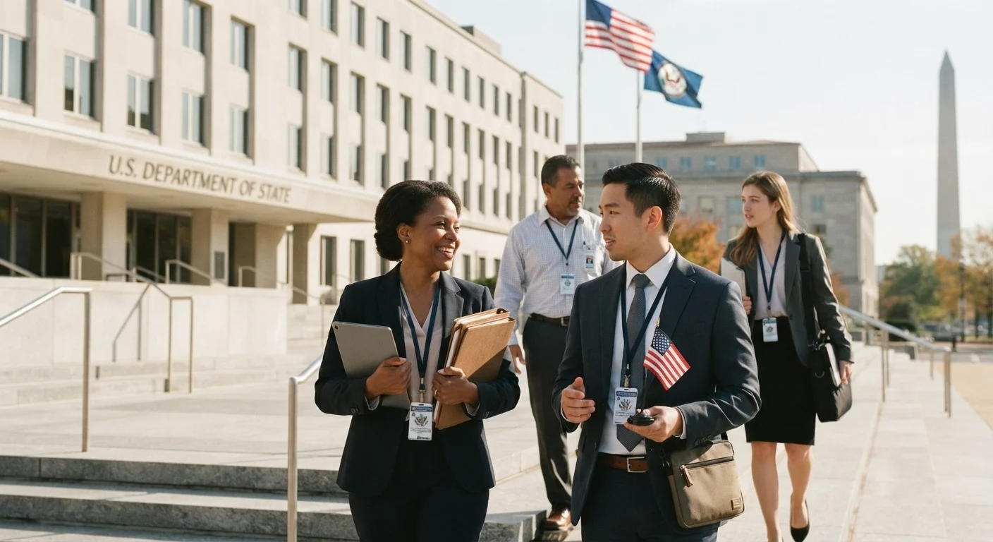 Four professionals walk and talk on the U.S. Department of State steps in Washington, D.C., with the Washington Monument in the distance.