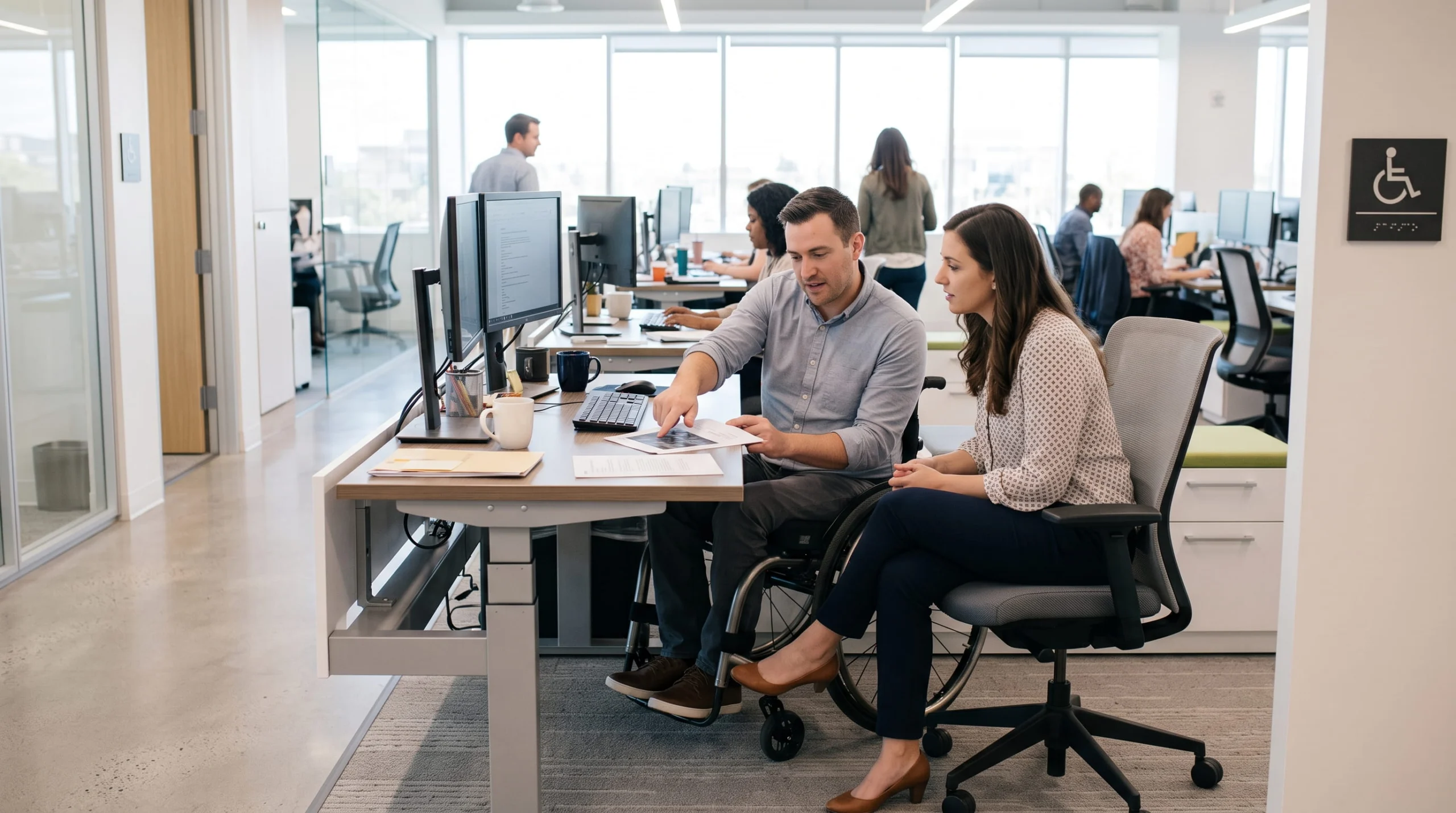 Two professional colleagues collaborate at an accessible, height-adjustable desk in a modern office environment, with one employee using a wheelchair.