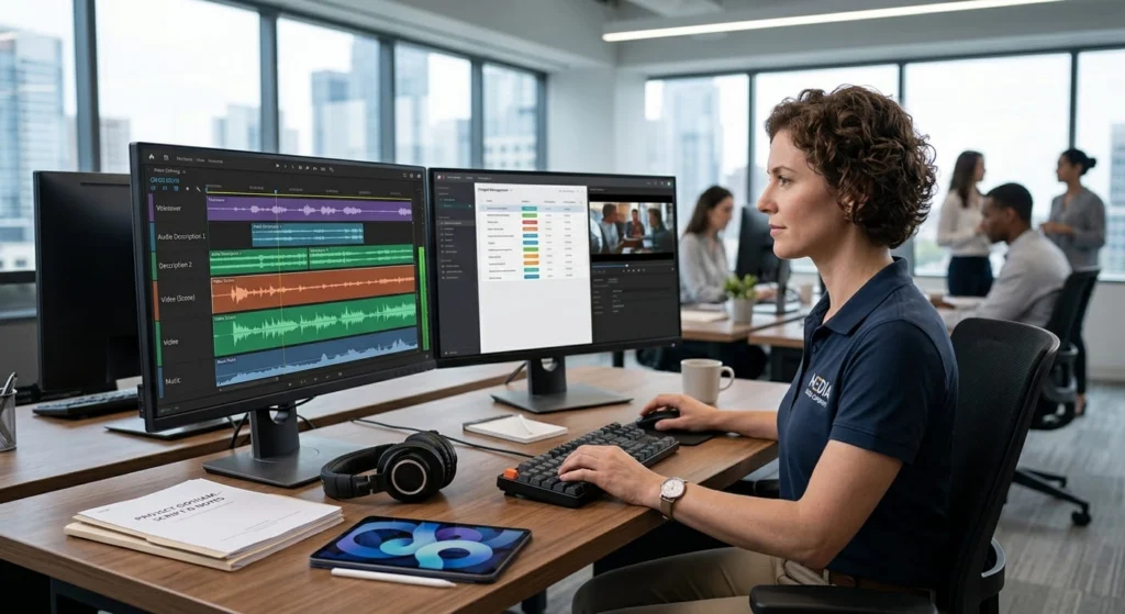 A woman in an office works at a dual-monitor workstation, with the left screen showing multi-track audio editing software and the right screen displaying a project management dashboard.