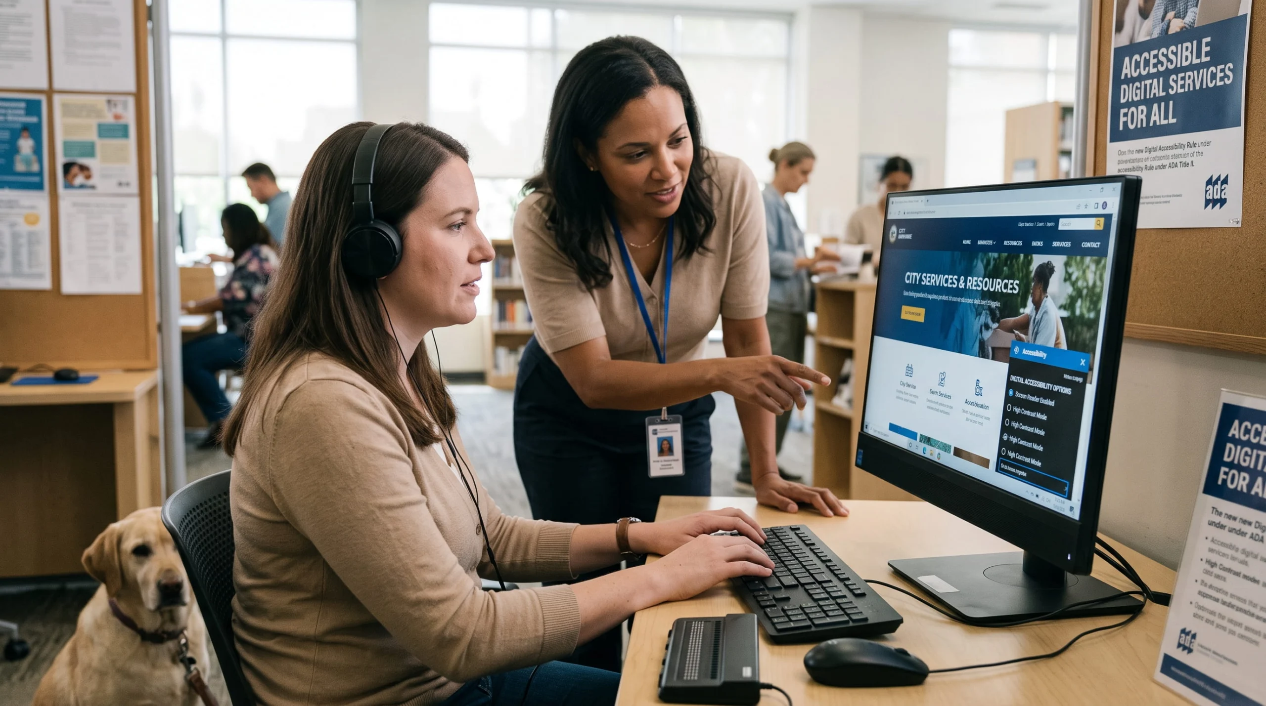 Two women review digital accessibility options on a city services website at a computer desk, with a yellow lab guide dog resting on the floor nearby.