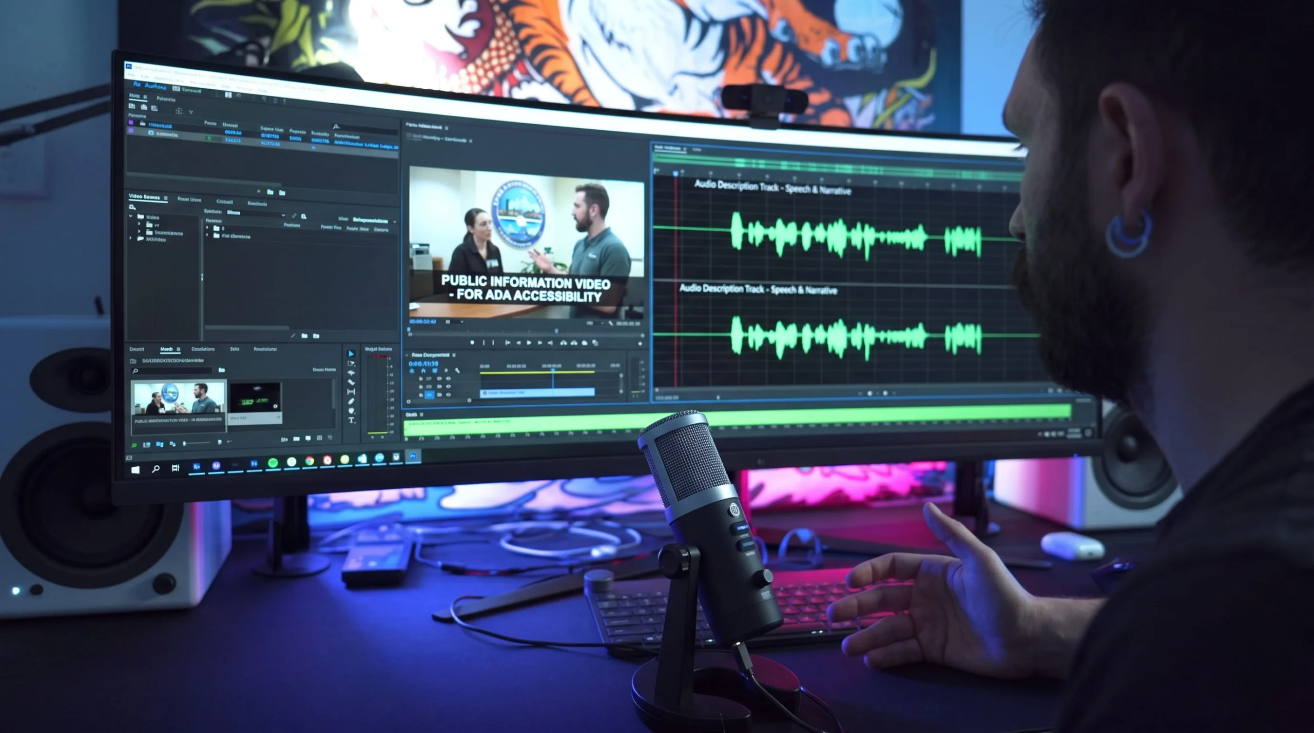 A person working at a desk with a condenser microphone, using an ultrawide monitor to edit a public information video for ADA accessibility with visible audio description tracks.