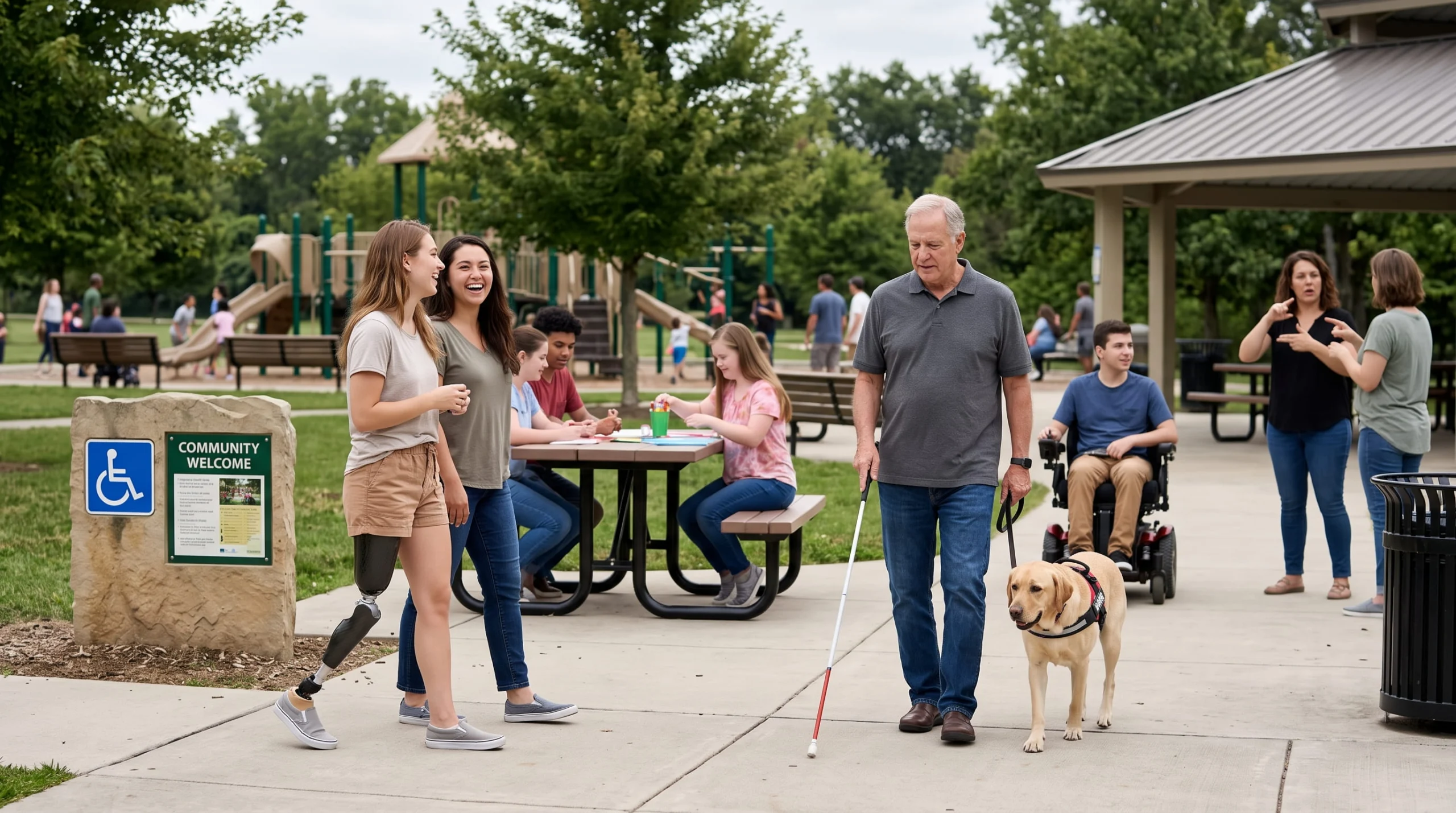 A diverse group of individuals enjoying a community park, featuring a woman with a prosthetic leg, a man walking with a white cane and guide dog, a person in a power wheelchair, and people communicating via sign language.