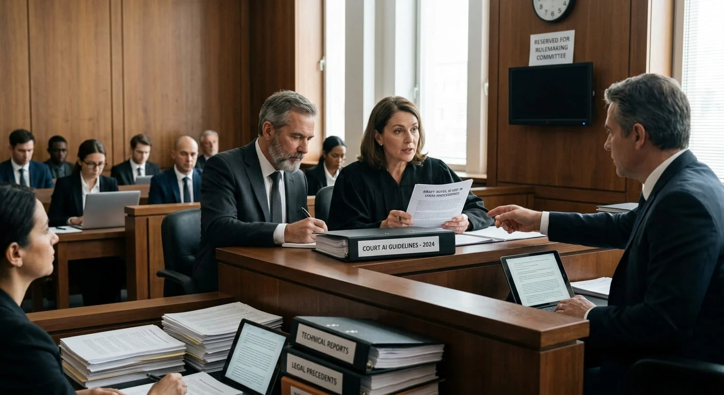 A judge and legal committee members reviewing AI guideline documents at a courtroom bench with legal binders and tablets.