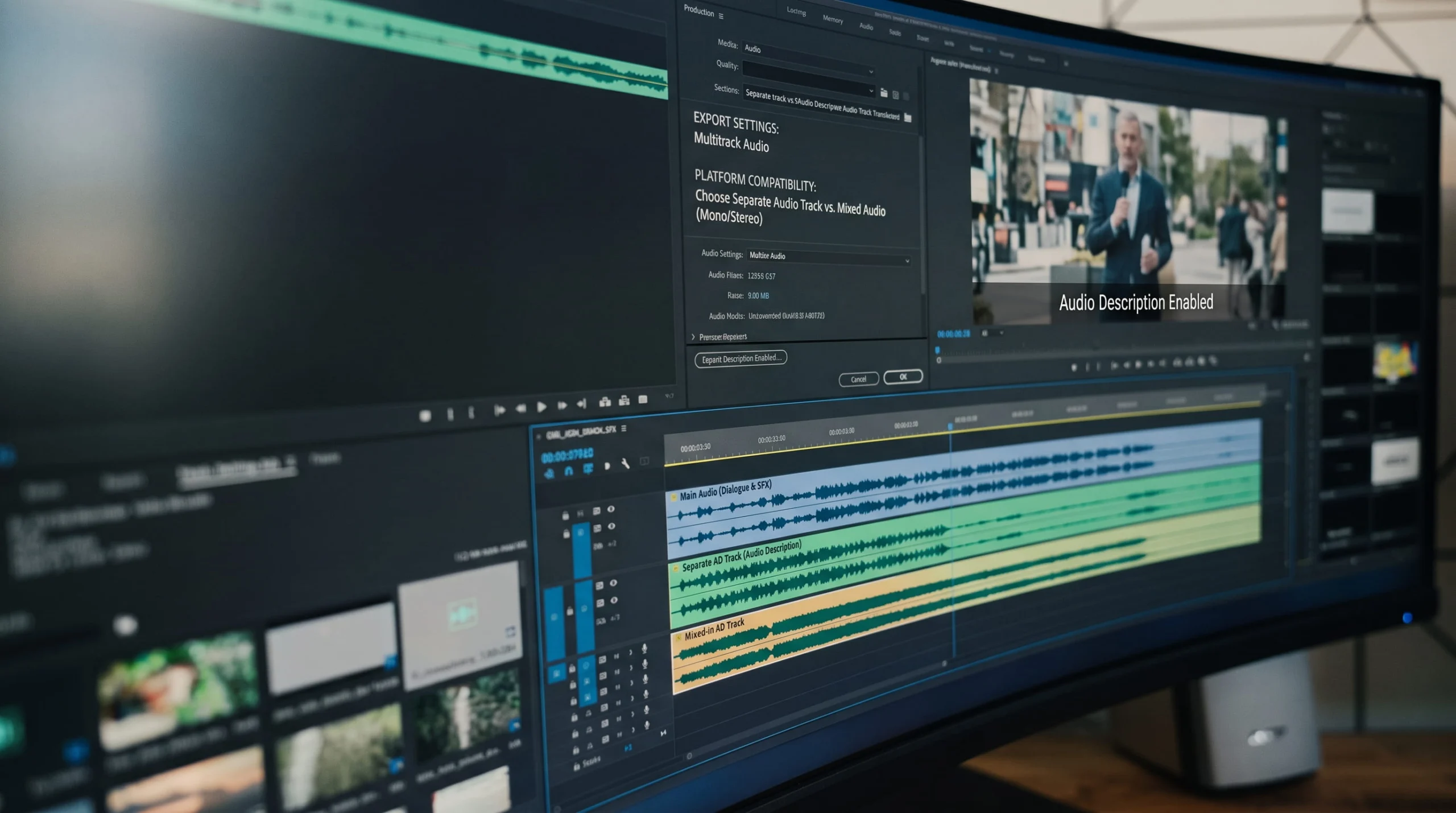 A close-up of an ultrawide monitor displaying video editing software with multiple audio tracks on a timeline and an open export settings dialog box for multitrack audio.