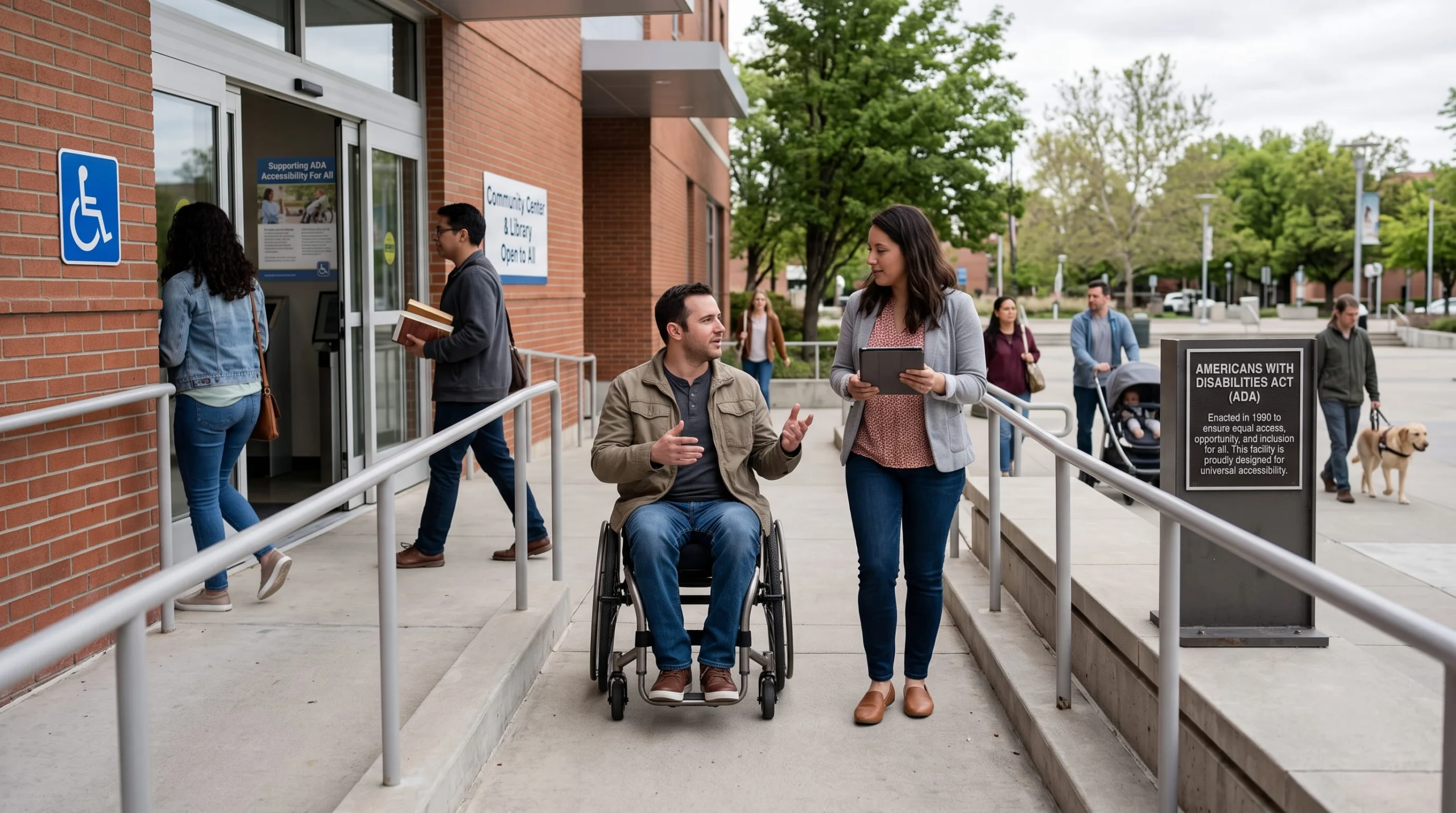 A man in a wheelchair and a woman converse while using an accessible ramp outside a public community center with automatic doors and an ADA information plaque.