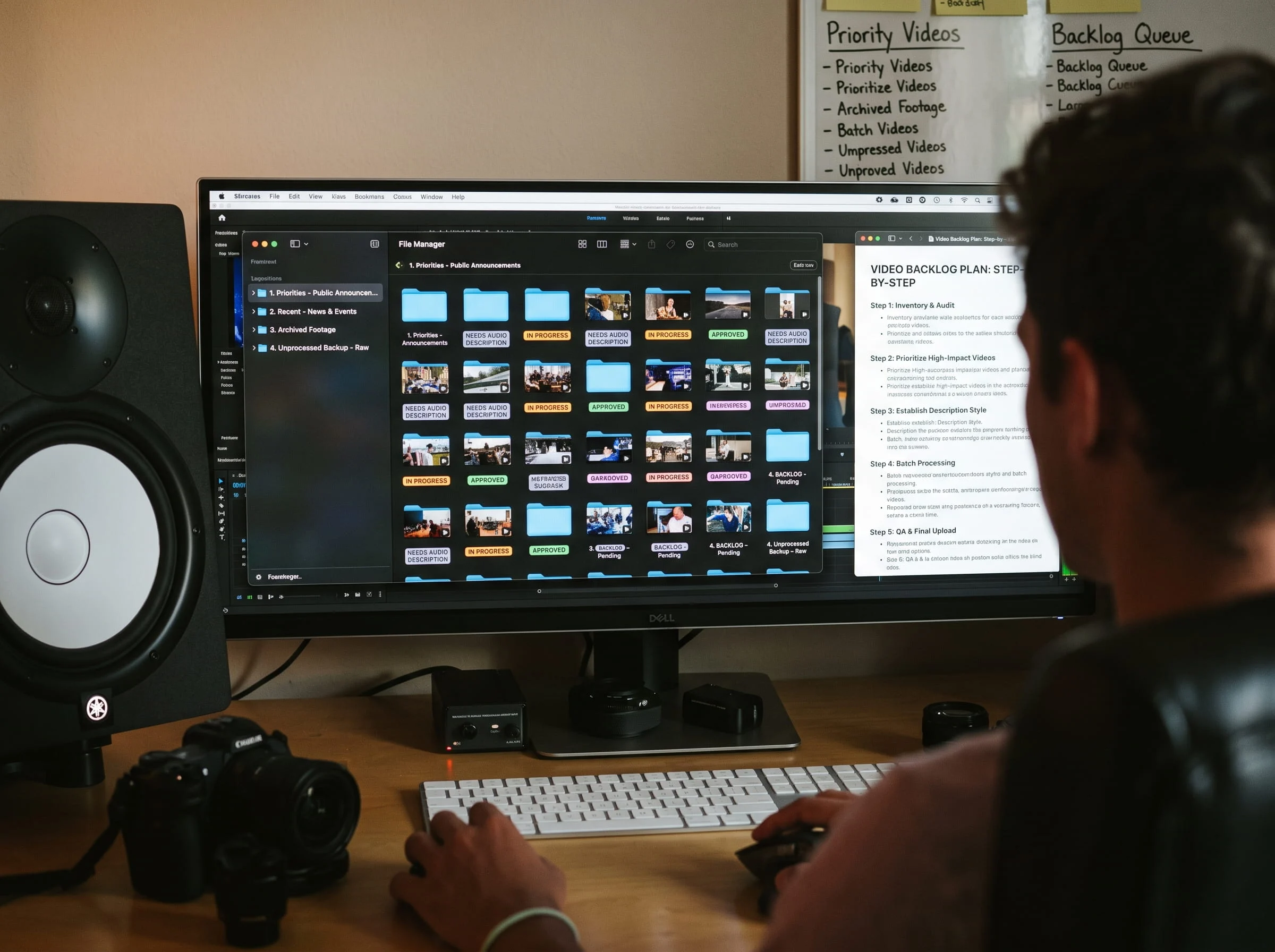 A person sits at a desk viewing a large monitor that displays a color-coded file management system and a document titled "VIDEO BACKLOG PLAN: STEP-BY-STEP"
