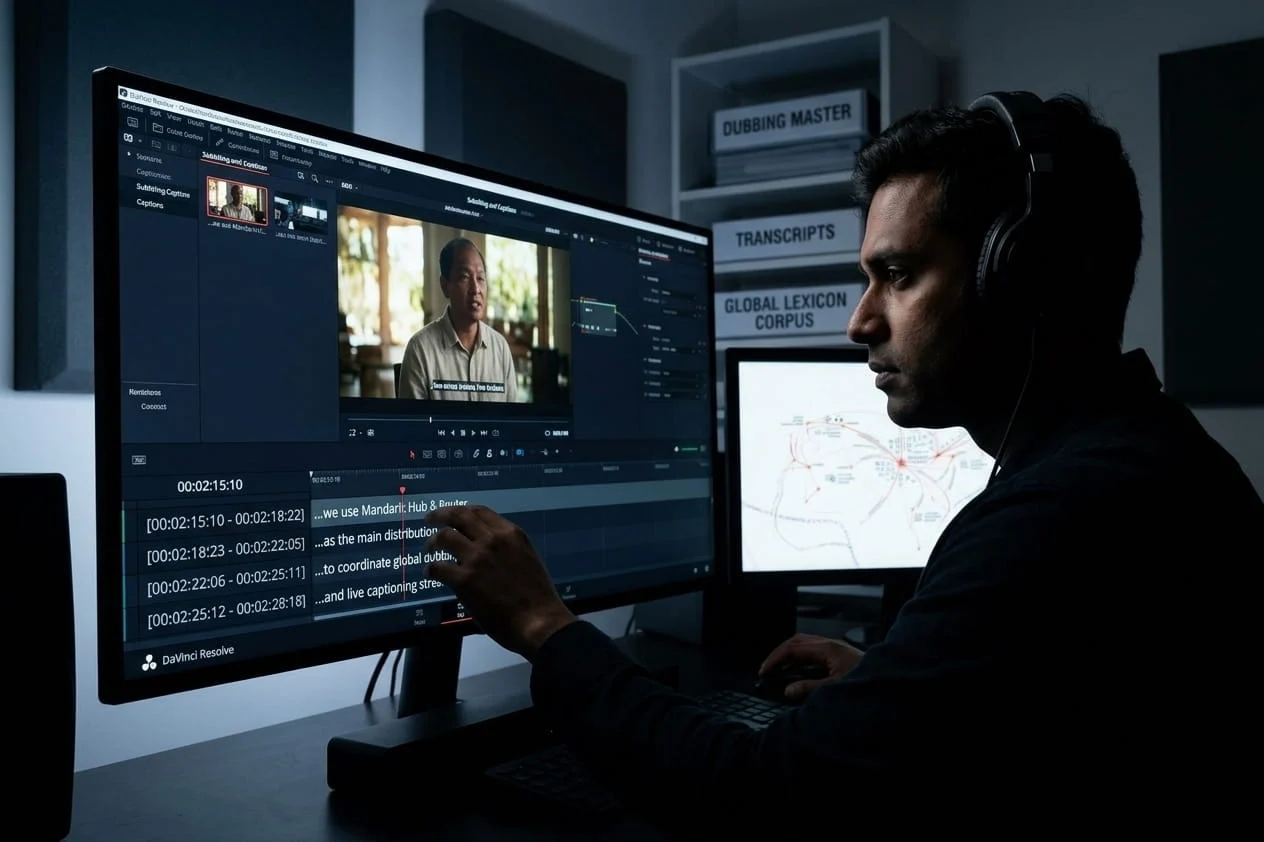A video editor wearing headphones sitting in a dimly lit studio, intently focused on a large ultrawide monitor displaying video editing software with visible subtitle timelines and a video preview. A second screen and shelves with labeled binders are visible in the background.