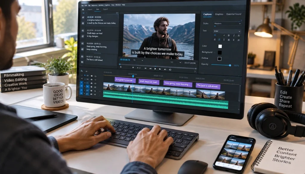 Over-the-shoulder view of a video editor typing on a keyboard in front of a large monitor displaying editing software with a video timeline, captions panel, and preview window. The desk features a mug that says "Good Ideas Better Videos," a smartphone, a notebook, and headphones.